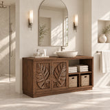 Single sink bathroom vanity in natural solid wood with carved doors and towel cubbies