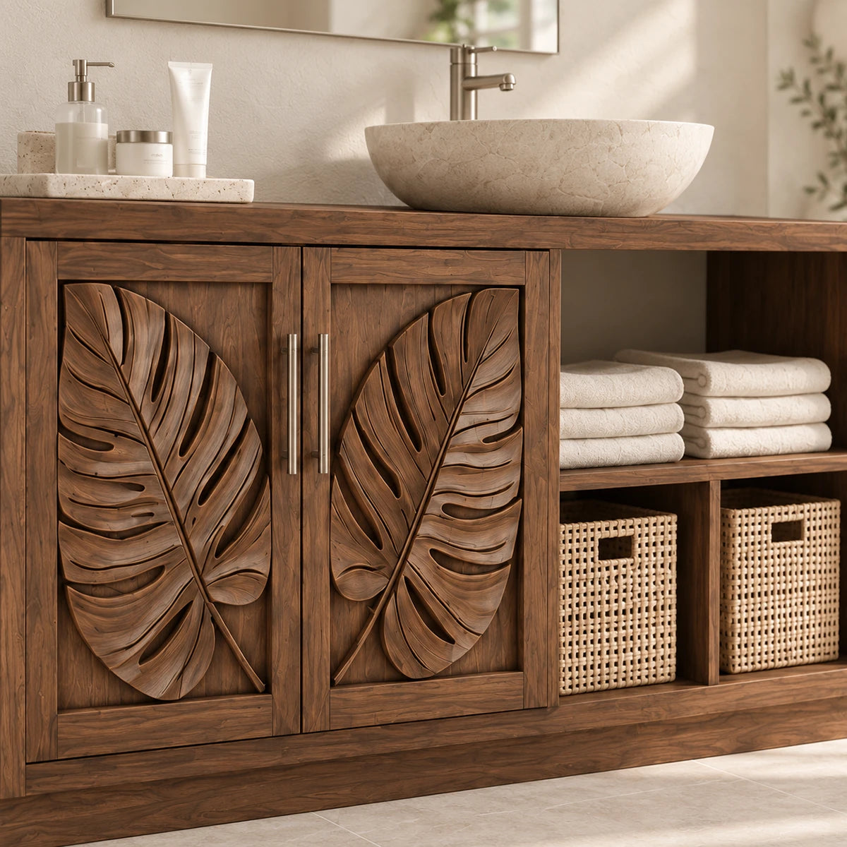 Nature inspired vanity cabinet in natural solid wood with leaf panels and open shelving