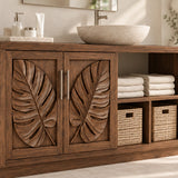 Nature inspired vanity cabinet in natural solid wood with leaf panels and open shelving