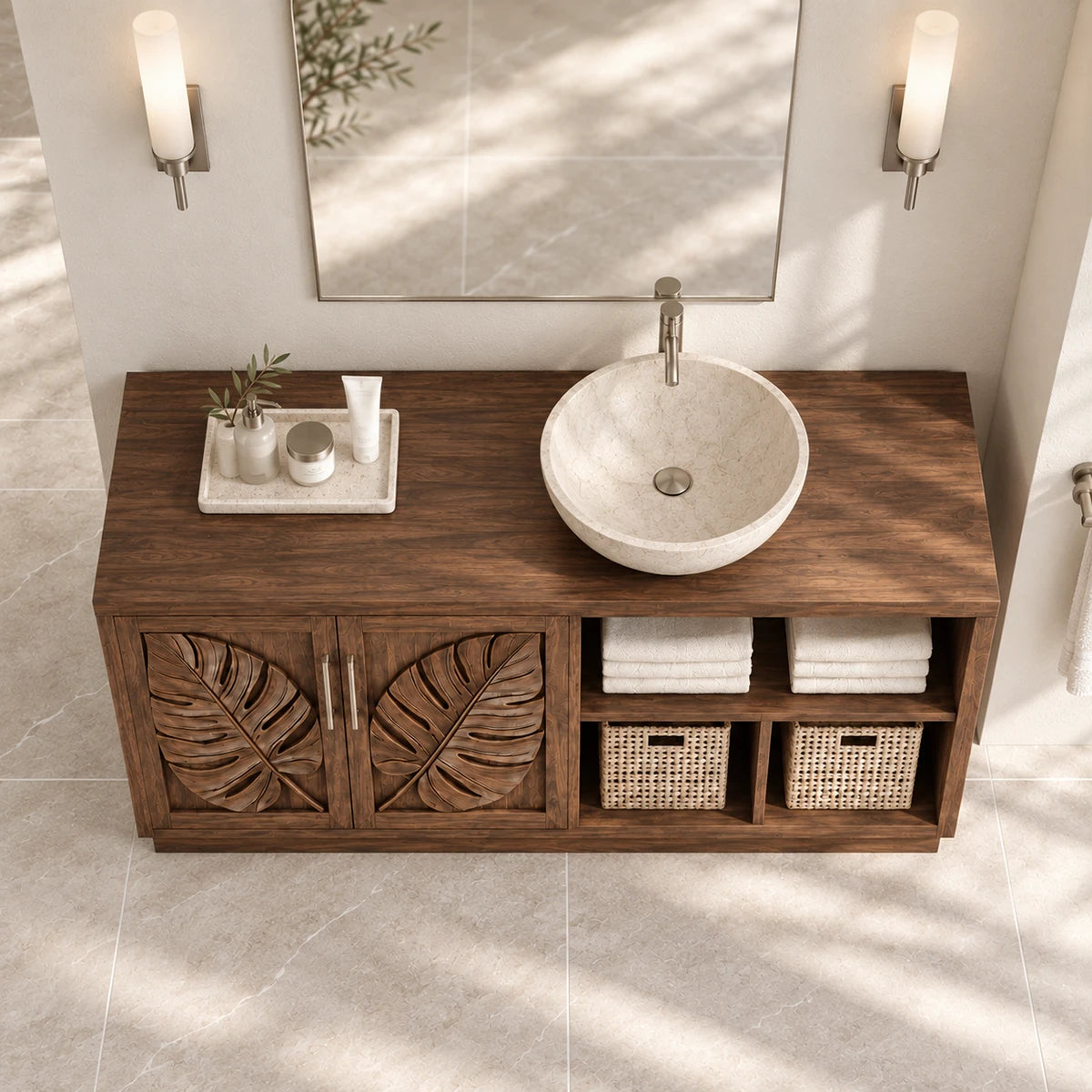 Traditional bathroom vanity in natural solid wood with two doors and basket storage