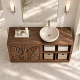 Traditional bathroom vanity in natural solid wood with two doors and basket storage