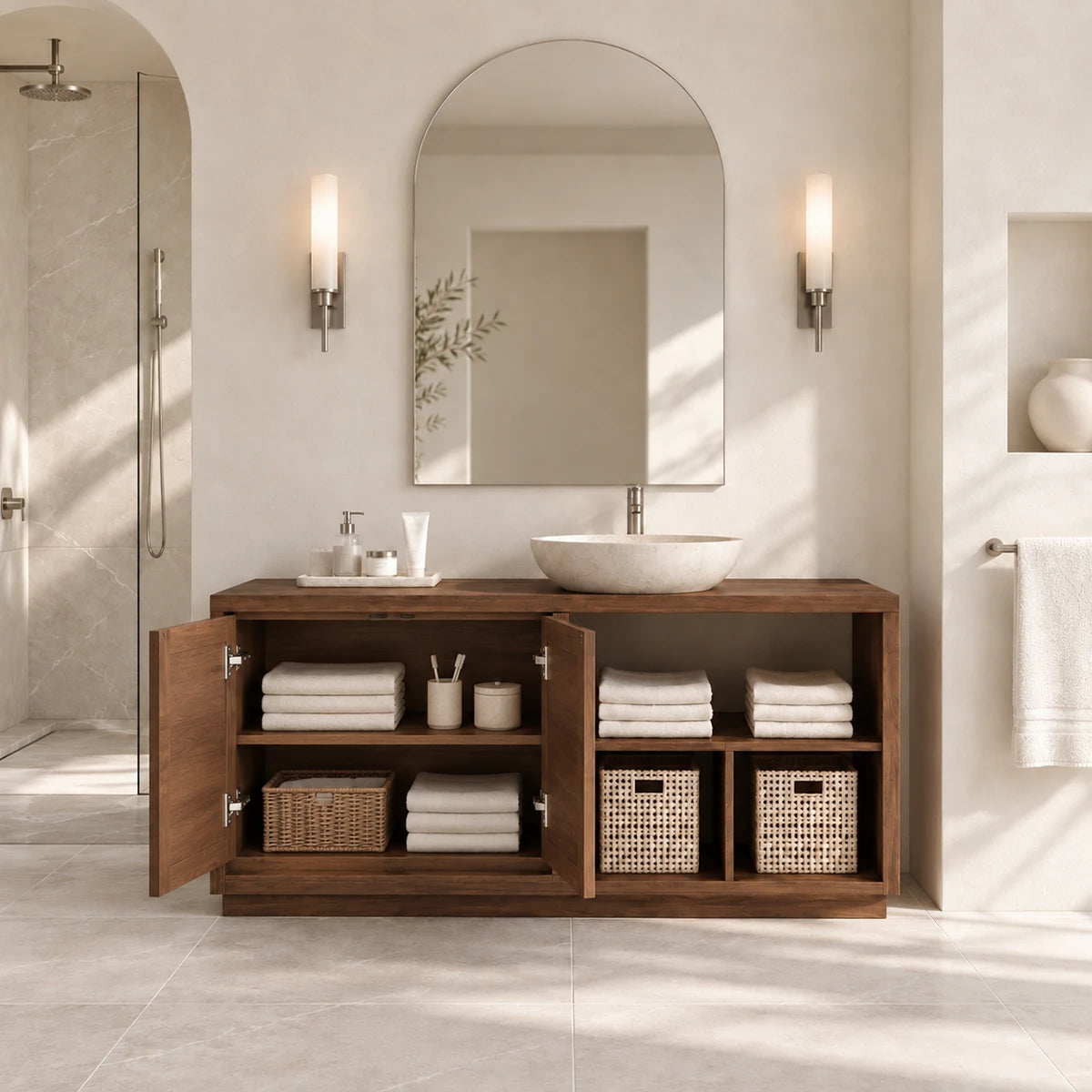 Carved leaf bath vanity in natural solid wood with vessel basin and side cubby storage