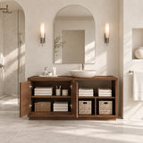 Carved leaf bath vanity in natural solid wood with vessel basin and side cubby storage