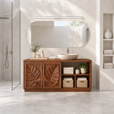 Storage bathroom vanity in natural solid wood with open shelves and botanical doors