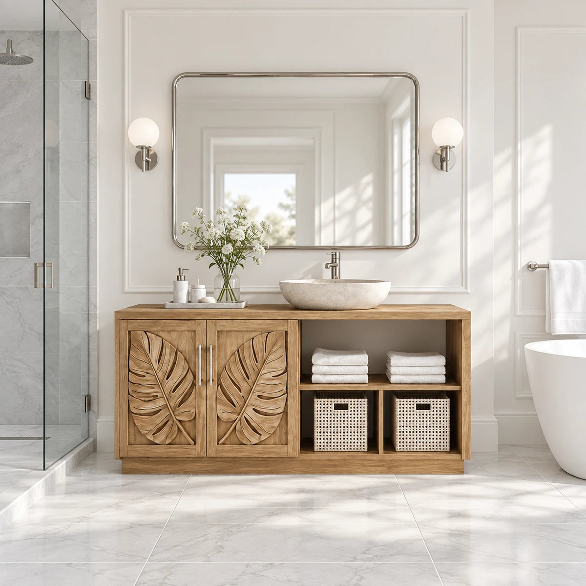 Designer vanity unit in natural solid wood with leaf carvings and vessel sink above