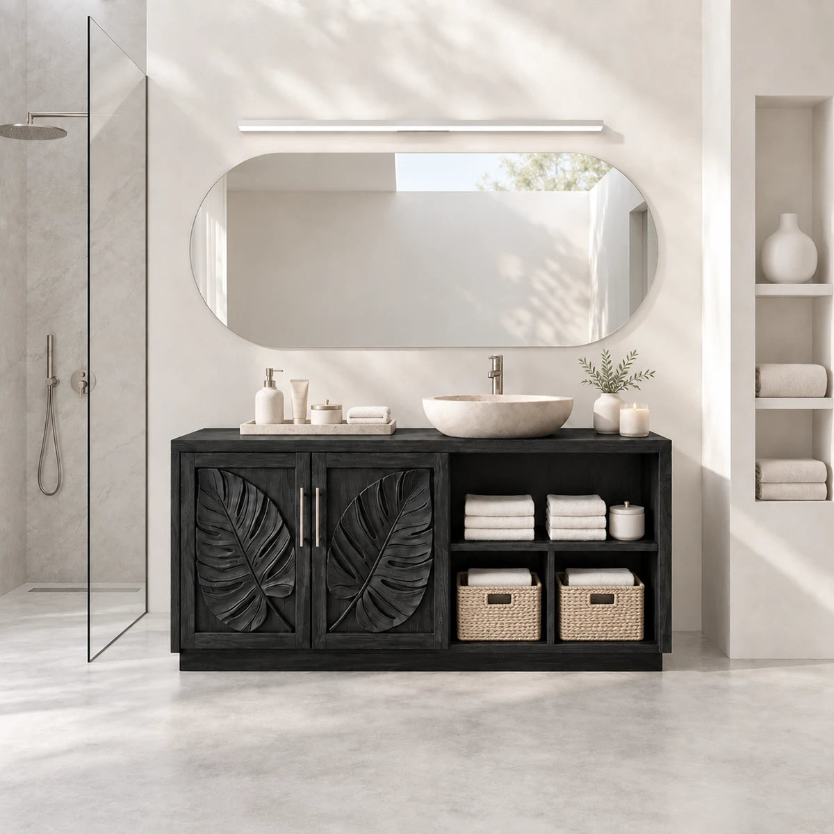 Decorative bathroom vanity in natural solid wood with two doors and towel shelving