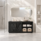 Decorative bathroom vanity in natural solid wood with two doors and towel shelving
