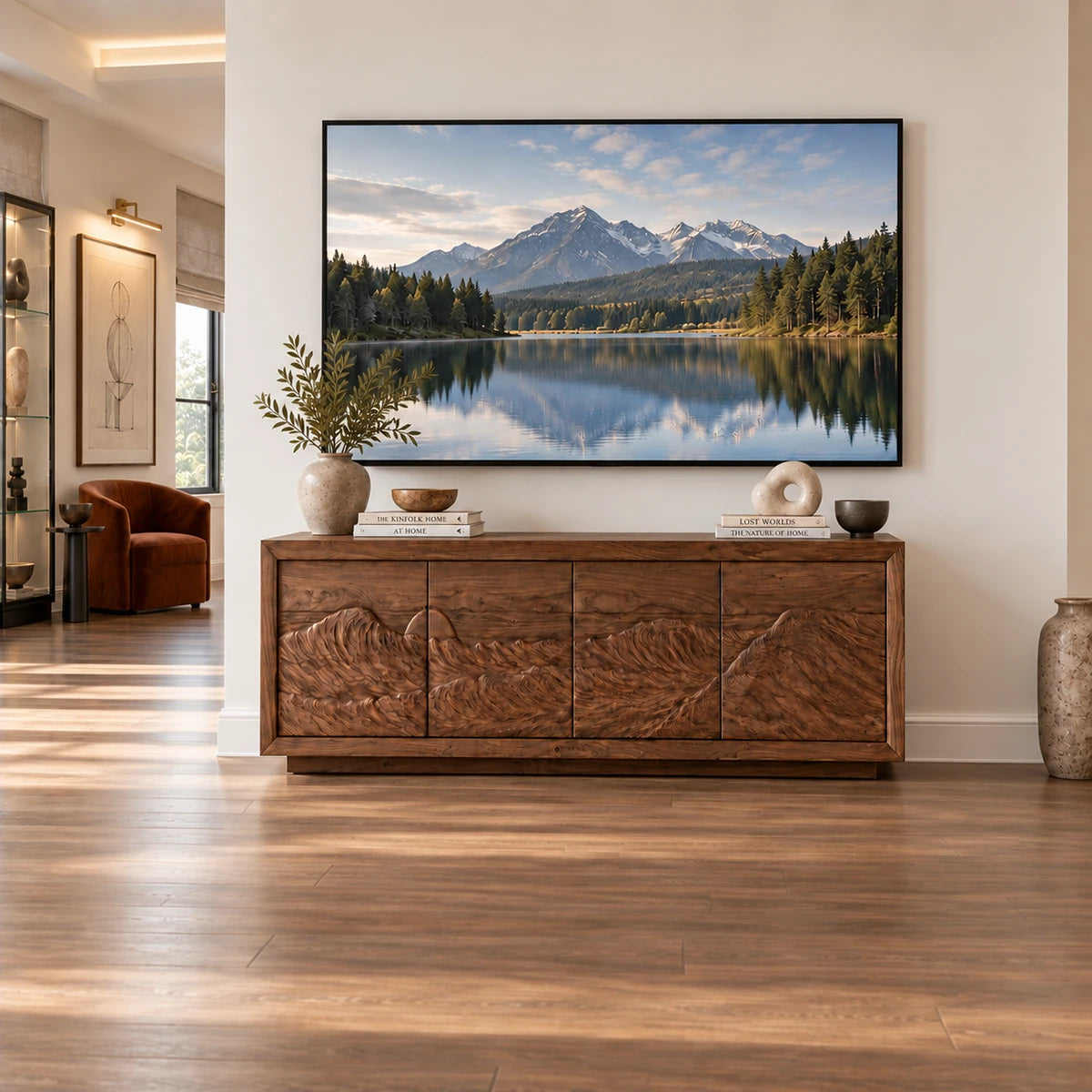 Functional TV entertainment stand in solid wood with relief carving and storage space
