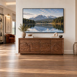 Functional TV entertainment stand in solid wood with relief carving and storage space
