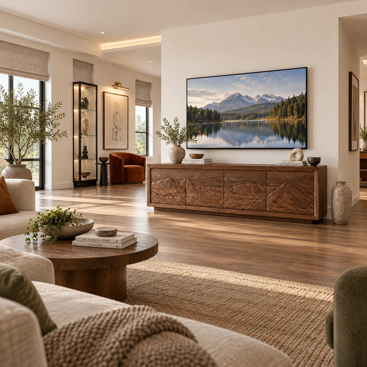 Elegant media console in solid wood with scenic relief doors and low profile form
