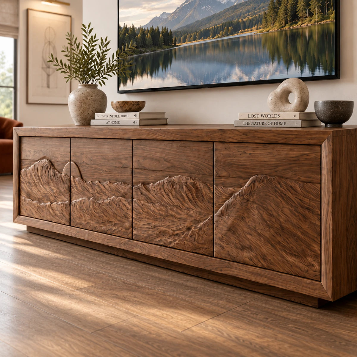 Refined TV console in solid wood with mountain inspired panels and linear details
