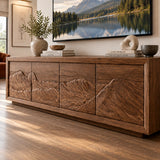 Refined TV console in solid wood with mountain inspired panels and linear details
