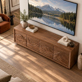 Statement TV cabinet in solid wood with panoramic relief doors and sleek geometry

