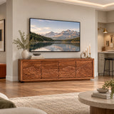 Minimalist entertainment unit in solid wood with scenic door carving and storage
