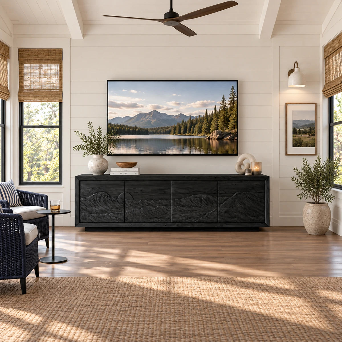 Contemporary TV media stand in solid wood with mountain motif and hidden storage
