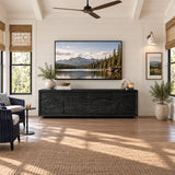 Contemporary TV media stand in solid wood with mountain motif and hidden storage
