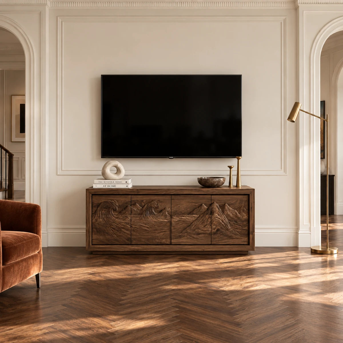 Wide entertainment console in solid wood with carved landscape fronts and clean lines
