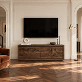 Contemporary TV stand in solid wood with sculptural wave carving and mountain motif
