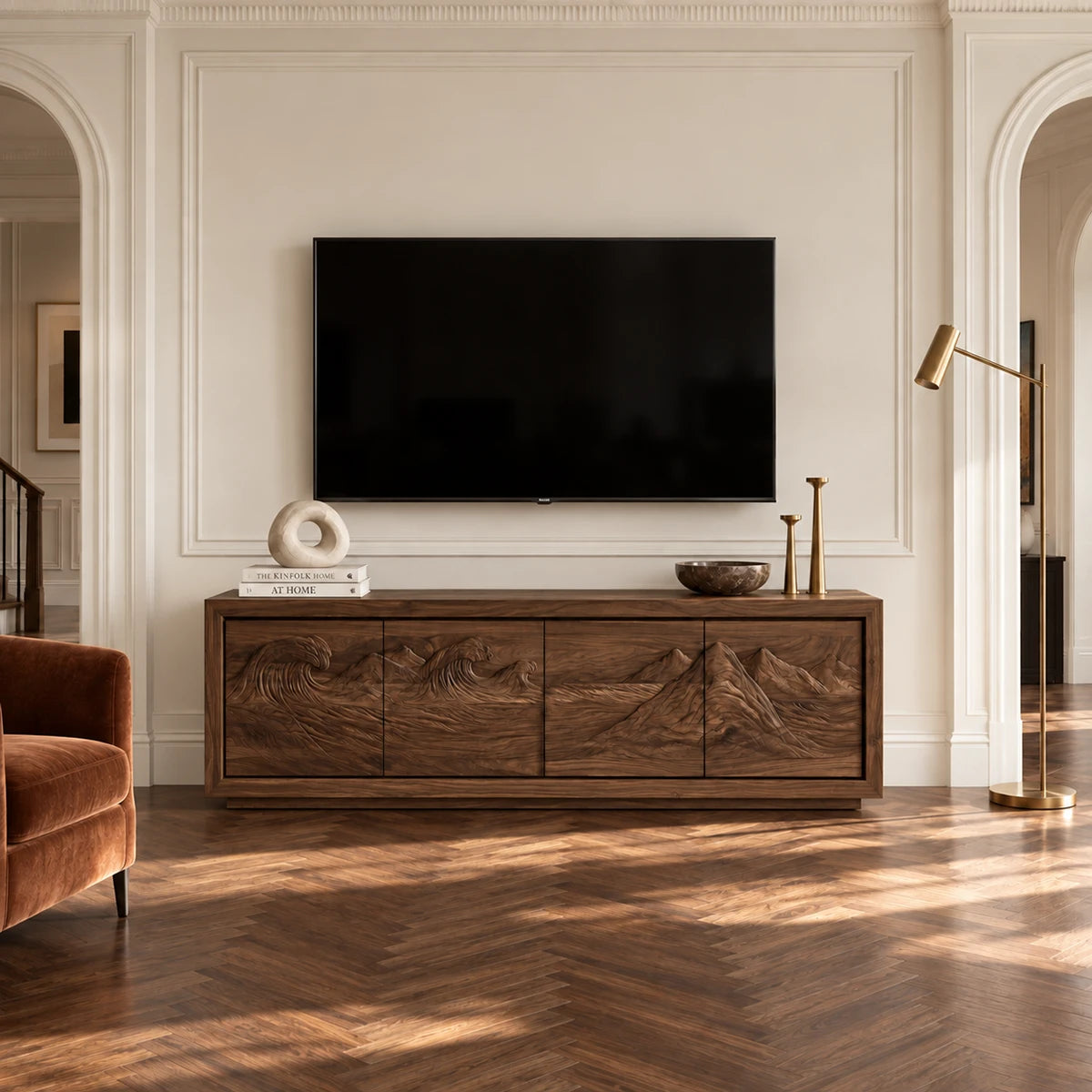 Functional media unit in solid wood with artistic relief doors and spacious storage
