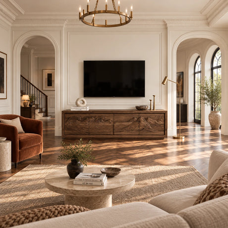 Modern media console in solid wood with scenic carving and a wide low profile form
