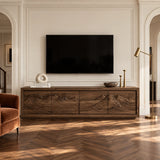 Entertainment center in solid wood with hand-carved waves and mountain panel details
