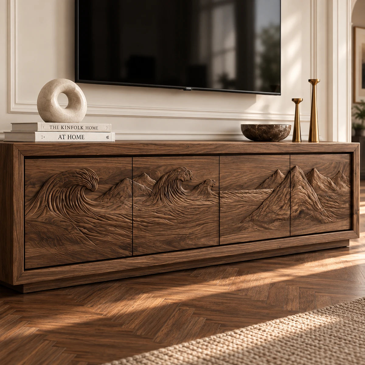 Low profile TV console in solid wood with landscape relief and clean storage doors
