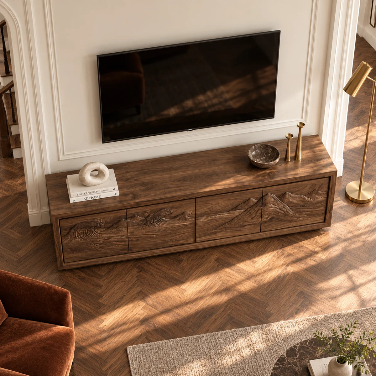 Minimalist TV cabinet in solid wood with sculpted relief fronts and broad storage
