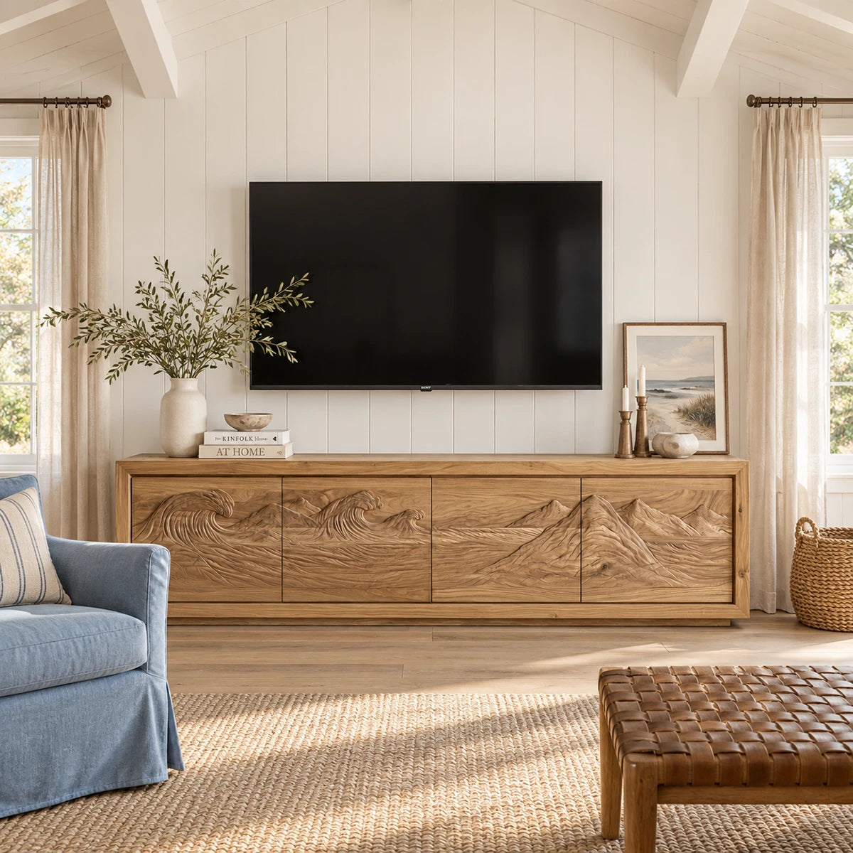 Architectural media stand in solid wood with mountain relief and flowing wave details
