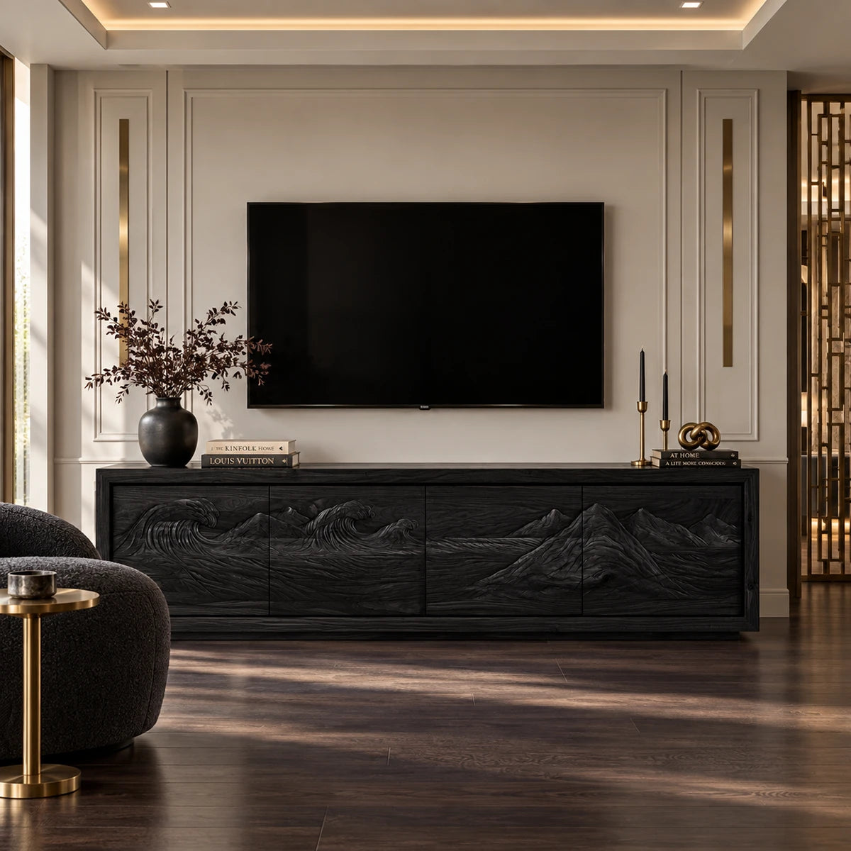 Living room TV console in solid wood with decorative carved panels and low silhouette
