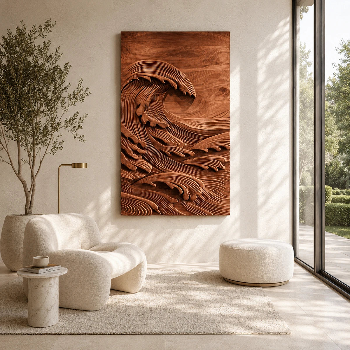 Vertical wall sculpture with curling wave forms creates depth in a modern interior