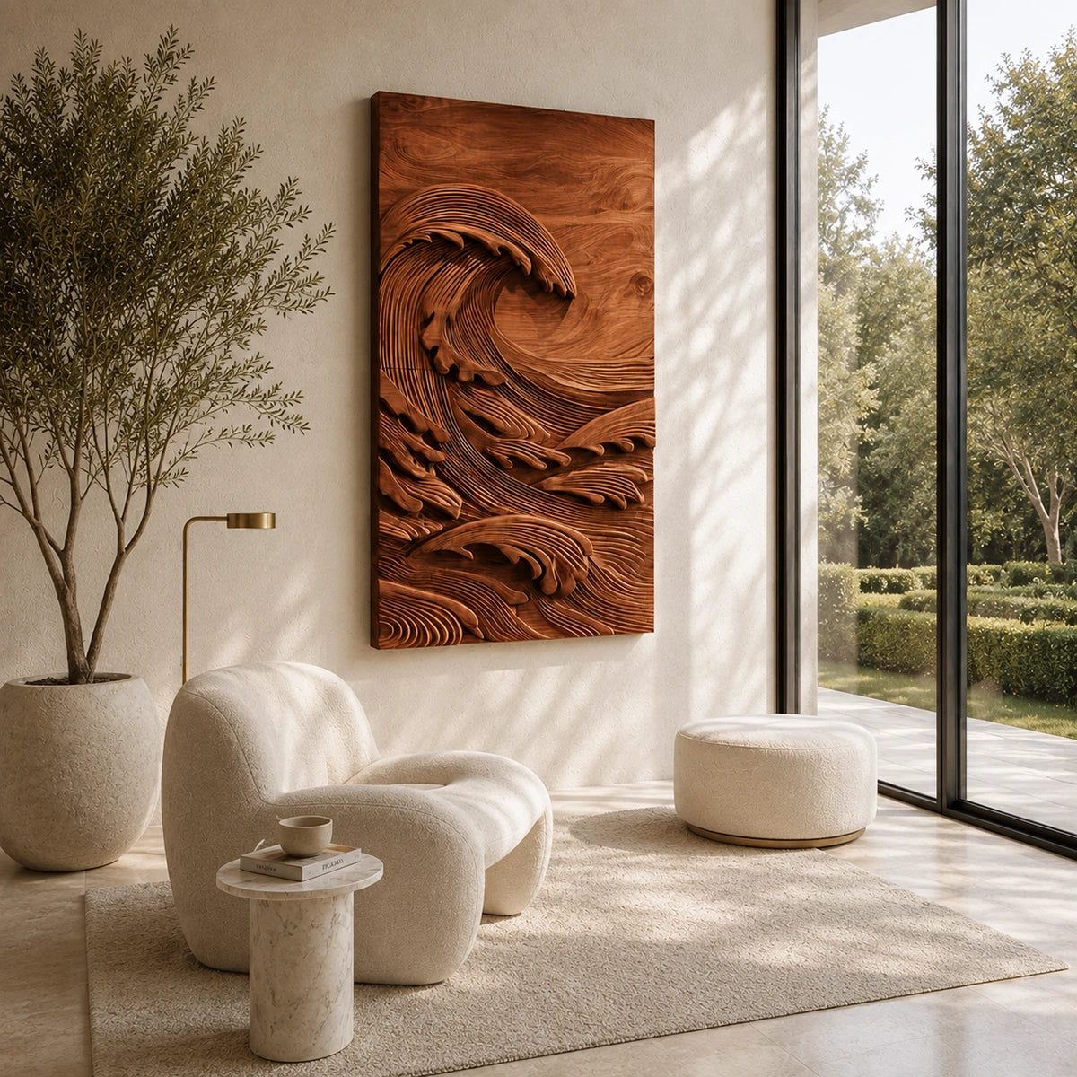 Ocean inspired wall panel with sculpted lines brings texture to a calm home setting
