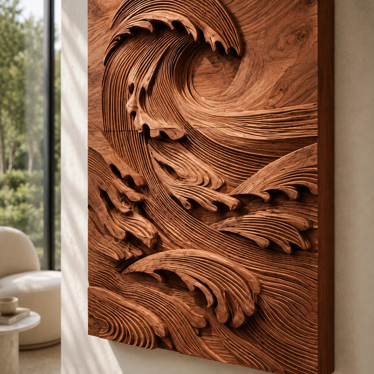 Large relief wall art with flowing wave details creates a bold focal point indoors