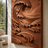 Large relief wall art with flowing wave details creates a bold focal point indoors