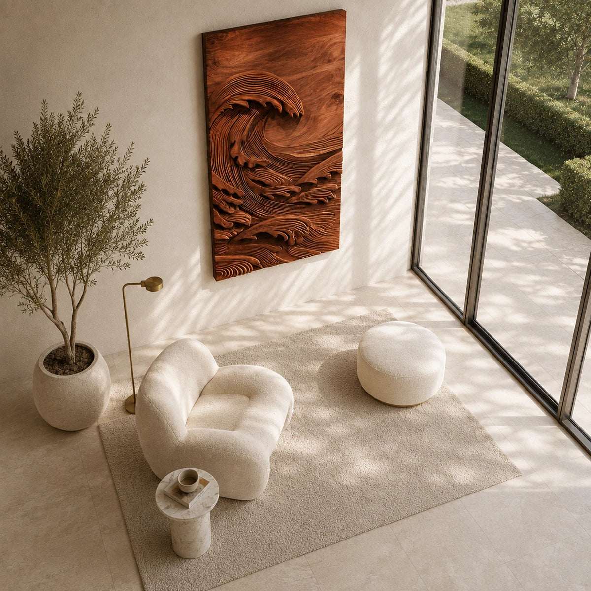 Textured wall sculpture with carved ocean forms adds visual rhythm to modern spaces