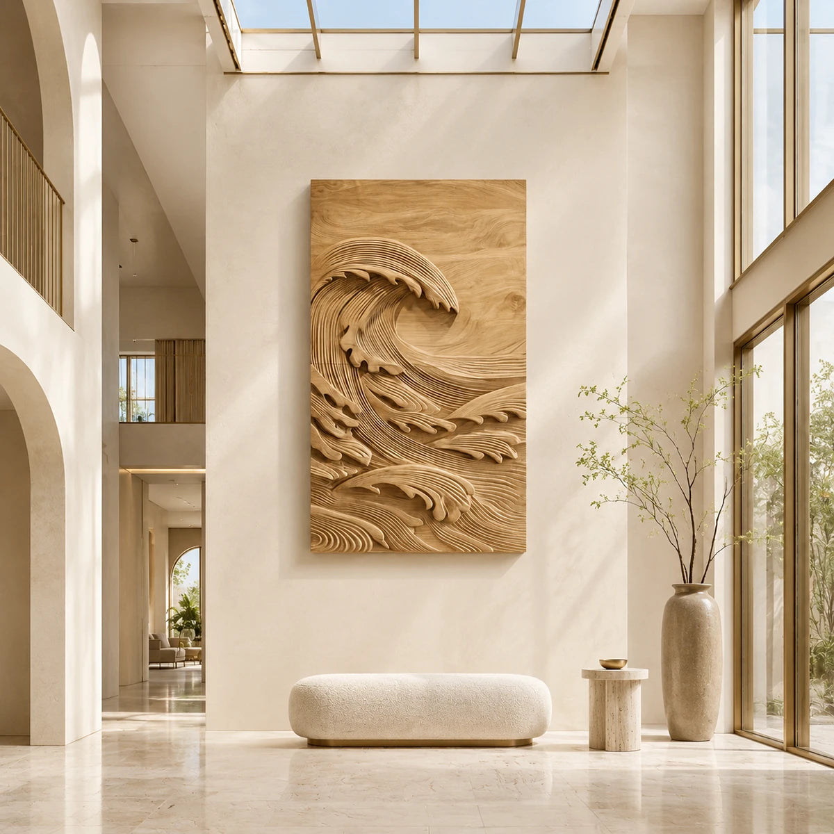 Sculptural wall panel with sweeping water forms enhances a refined contemporary room