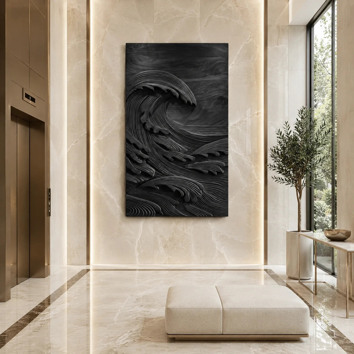 Decorative wave wall art with layered carving adds dimension to a minimalist interior