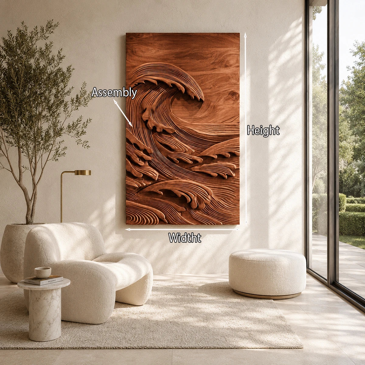 Contemporary wall sculpture with flowing ocean relief creates movement across the room