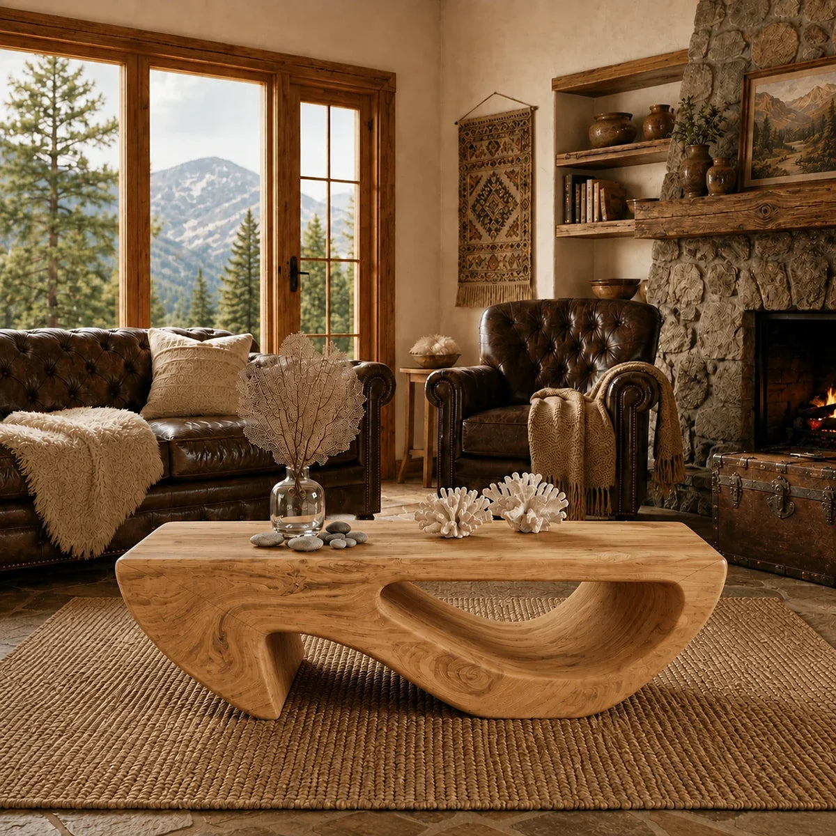 Flowing negative space defines the coffee table with a refined handcrafted furniture look