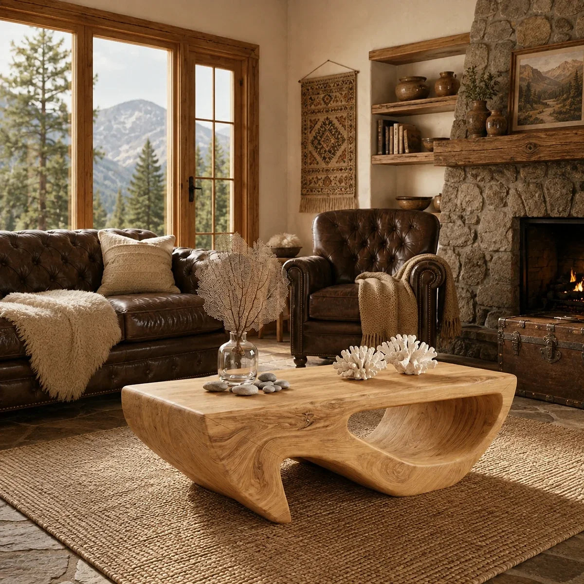 With a carved open base, this coffee table anchors a warm rustic living room setting