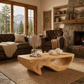 With a carved open base, this coffee table anchors a warm rustic living room setting