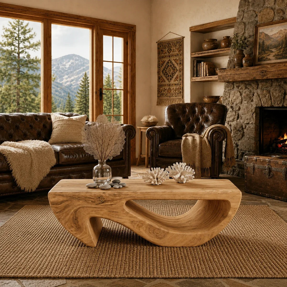 A low profile coffee table with flowing openings brings function to a lodge style room