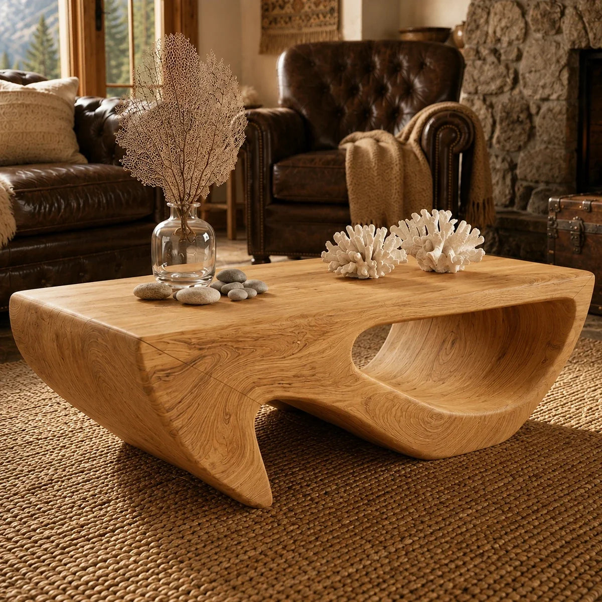 Designed with sweeping curves, this coffee table creates a strong handcrafted focal point
