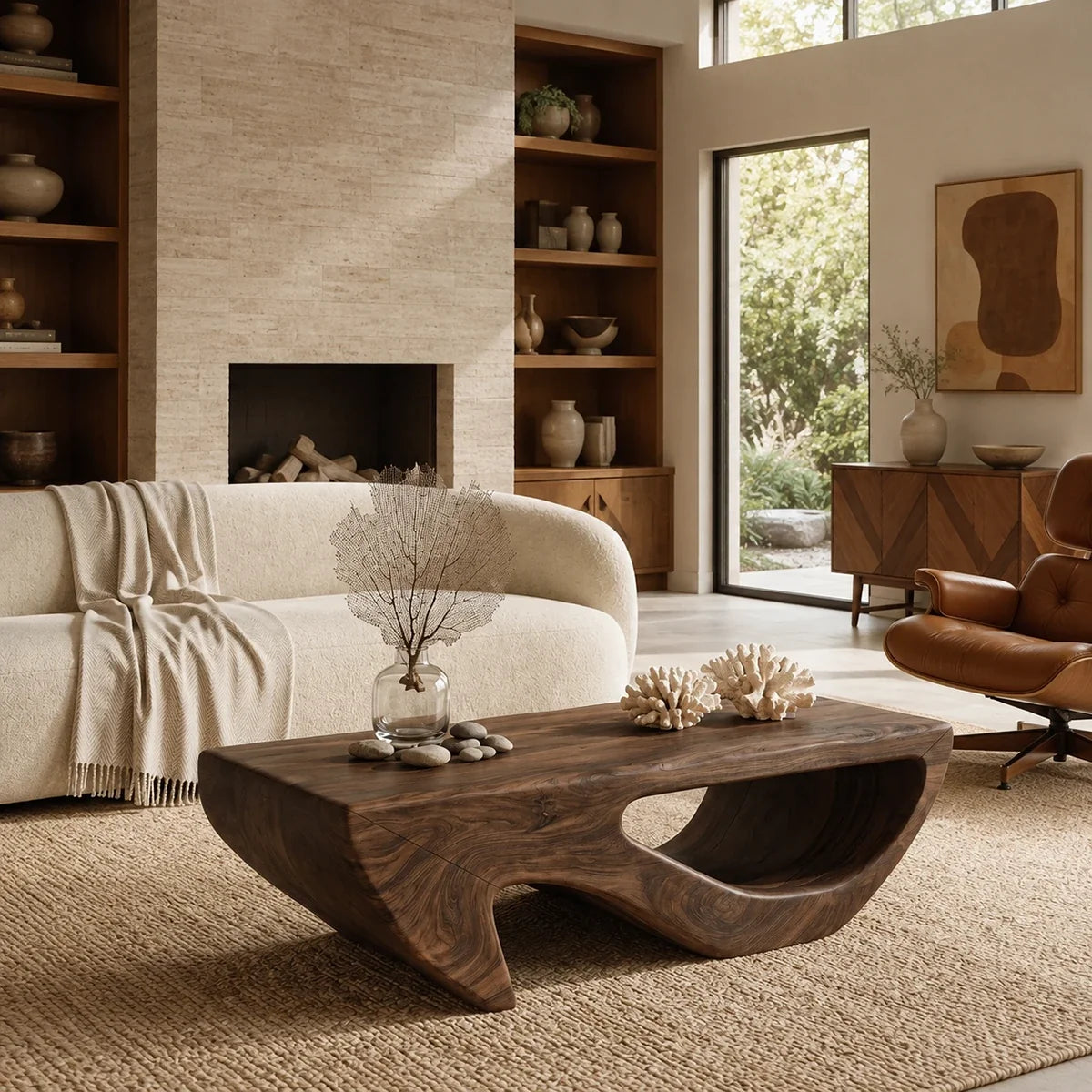Rounded edges soften this coffee table while keeping a substantial architectural profile