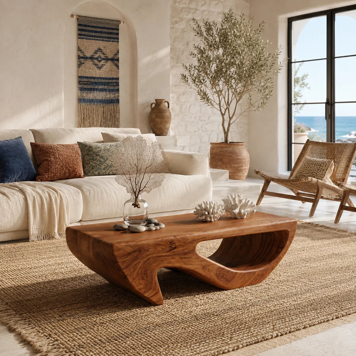 Built for relaxed rooms, the coffee table pairs broad surface space with curved details