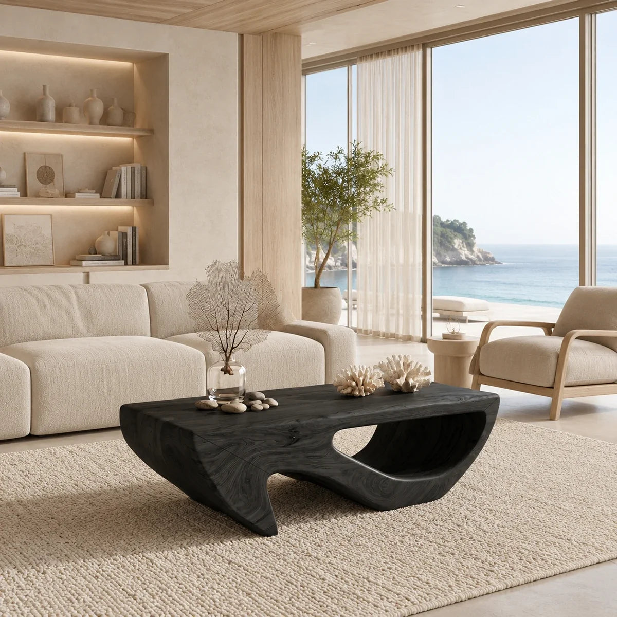 An expressive base gives this coffee table visual depth in a cozy mountain inspired lounge