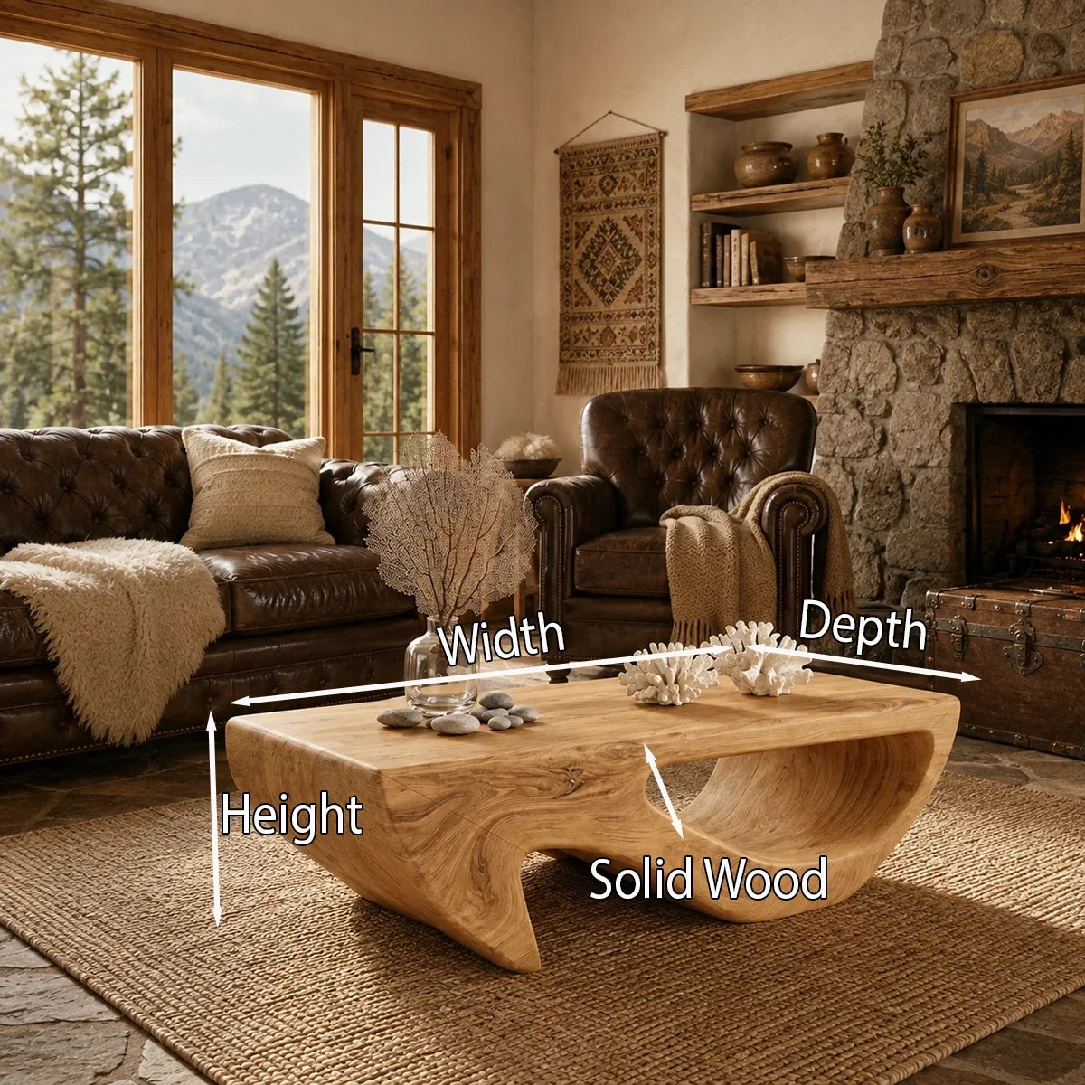 Smooth carved transitions shape the coffee table into a distinctive rustic centerpiece