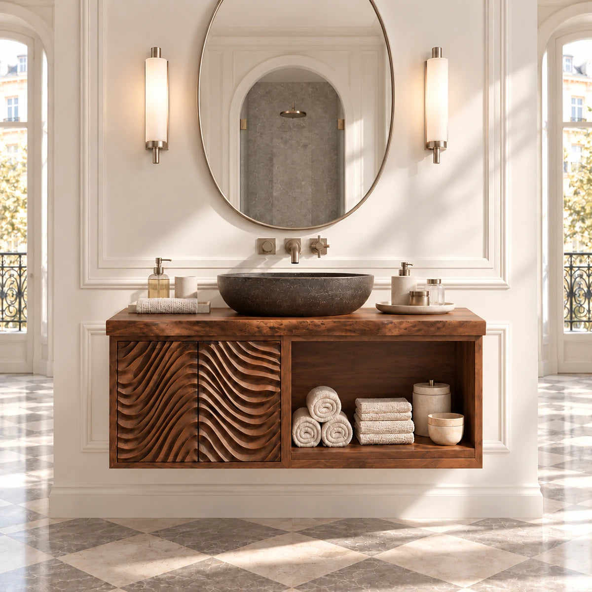 Wall hung bathroom vanity in natural solid wood with textured doors and towel storage
