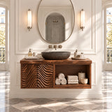 Wall hung bathroom vanity in natural solid wood with textured doors and towel storage