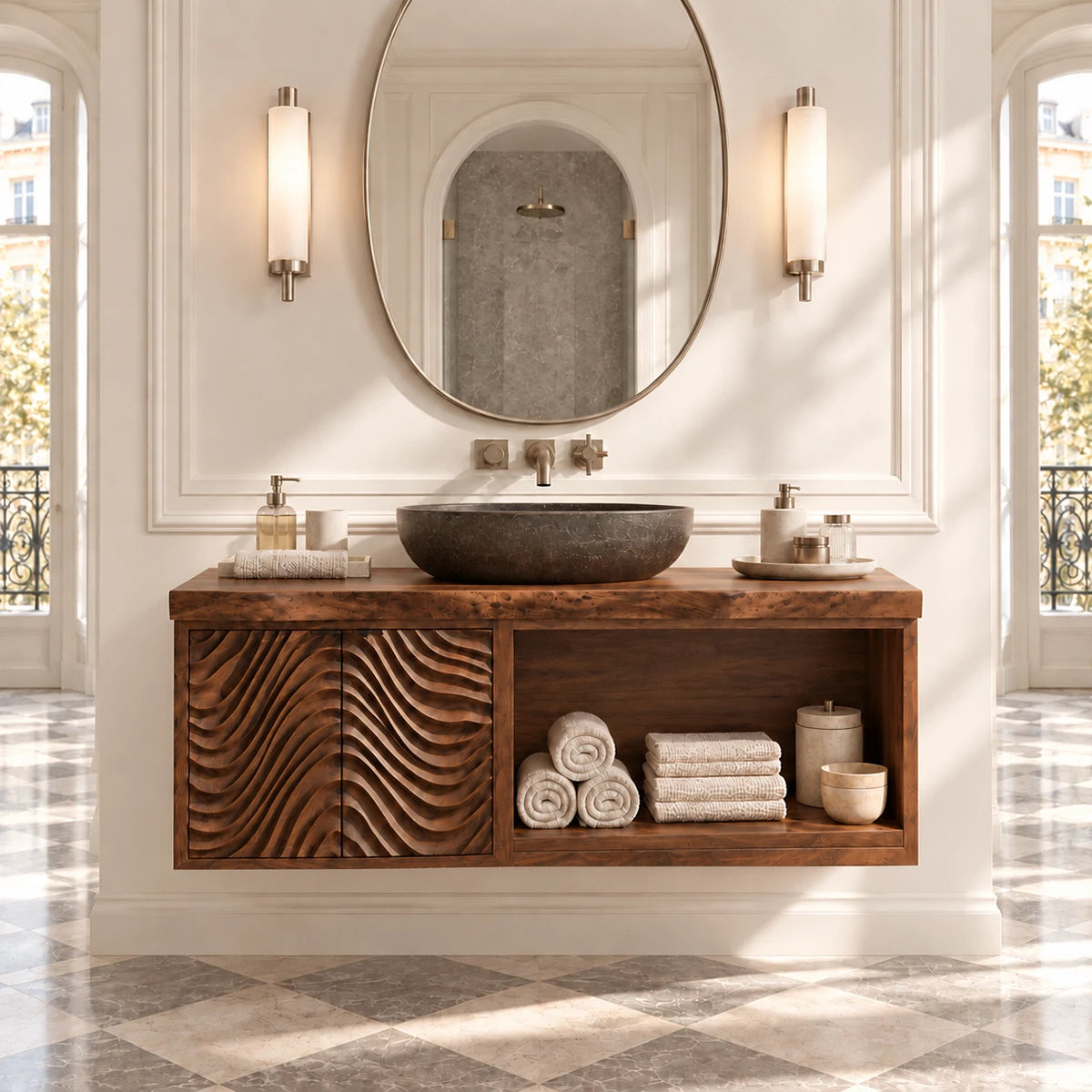 Modern vanity cabinet in natural solid wood with sculpted fronts and open compartments