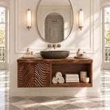 Modern vanity cabinet in natural solid wood with sculpted fronts and open compartments